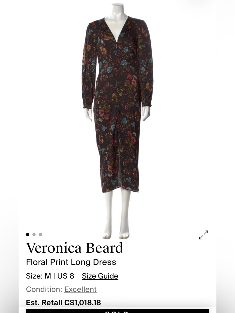 Veronica Beard Black Floral V‑Neck Long Sleeve Midi Dress